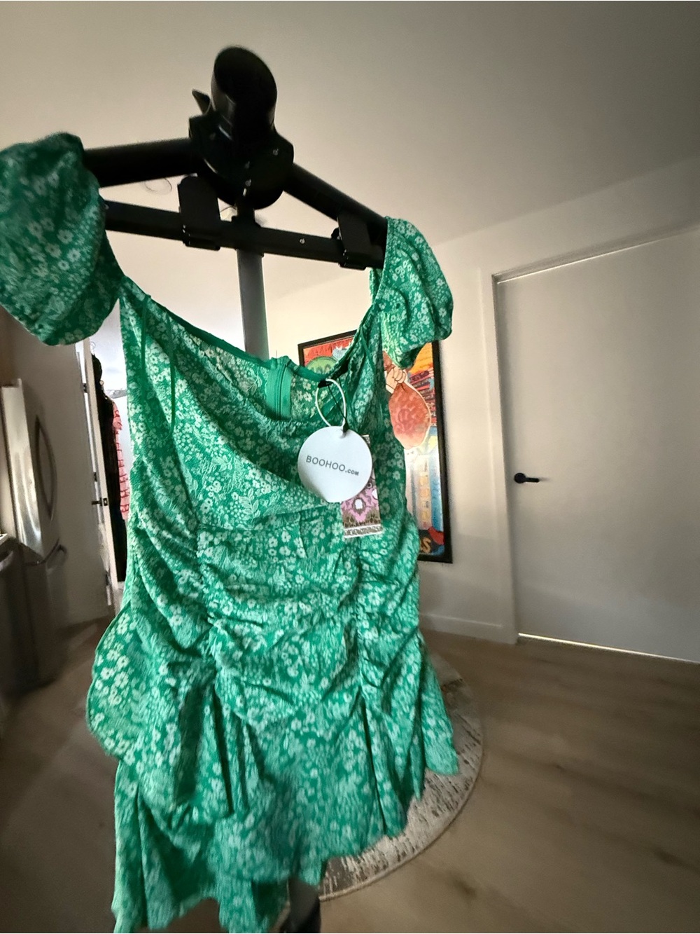 Boohoo Green Floral Ruffle Mini Dress